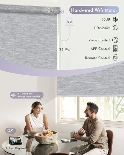 Graywind Motorized Roller Shade 100% Blackout Compatible with Alexa Google Smart Home Control Hardwired Window Shades Thermal Insulated Cordless Window Blinds, Customized Size (Jacquard Grey)