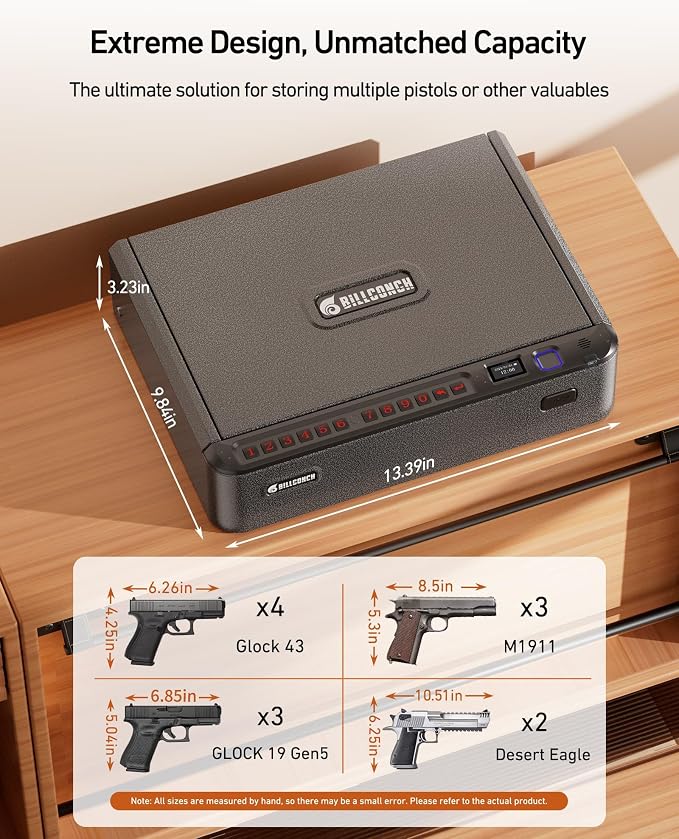 BILLCONCH Smart Gun Safe with Fingerprint, App, Keypad,LCD& Security Cable | Steel Handgun Safe with 4 Quick-Access Methods, Voice Guidance, Built-in LED Light, Ideal for Nightstand, Bedside and Home