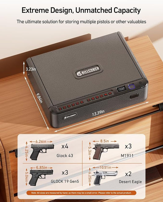 BILLCONCH Smart Gun Safe with Fingerprint, App, Keypad,LCD& Security Cable | Steel Handgun Safe with 4 Quick-Access Methods, Voice Guidance, Built-in LED Light, Ideal for Nightstand, Bedside and Home