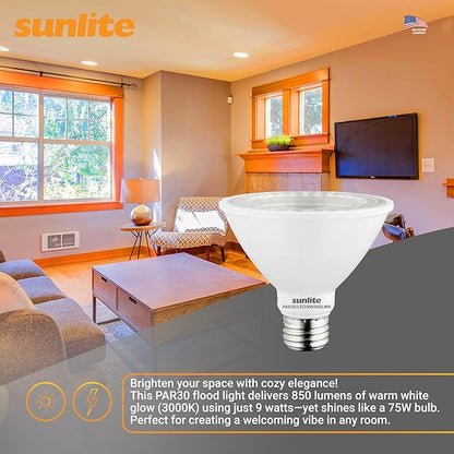 Sunlite LED PAR30 Short Neck Flood Light Bulb, 9 Watt, (75W Equivalent), 850 Lumens, Medium Screw (E26) Base, Dimmable, ETL Listed, 3000K Warm White, 6 Count