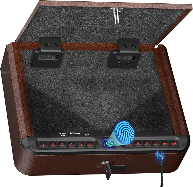 BILLCONCH Smart Gun Safe for Handgun with Fingerprint, App & Security Cable | Biometric Gun Safe 4 Ways Quick Access Built-in LED Light, Ideal Handgun Safe for Nightstand and Home - Antique Bronze