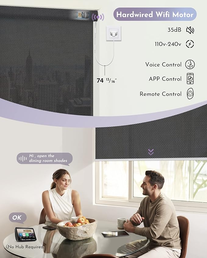 Graywind Motorized Solar Shades Compatible with Alexa Google Hardwired WiFi Smart Light Filtering Blind Remote Control Automated Blinds Electric Window Shade, Custom Size (5% Openness Black)