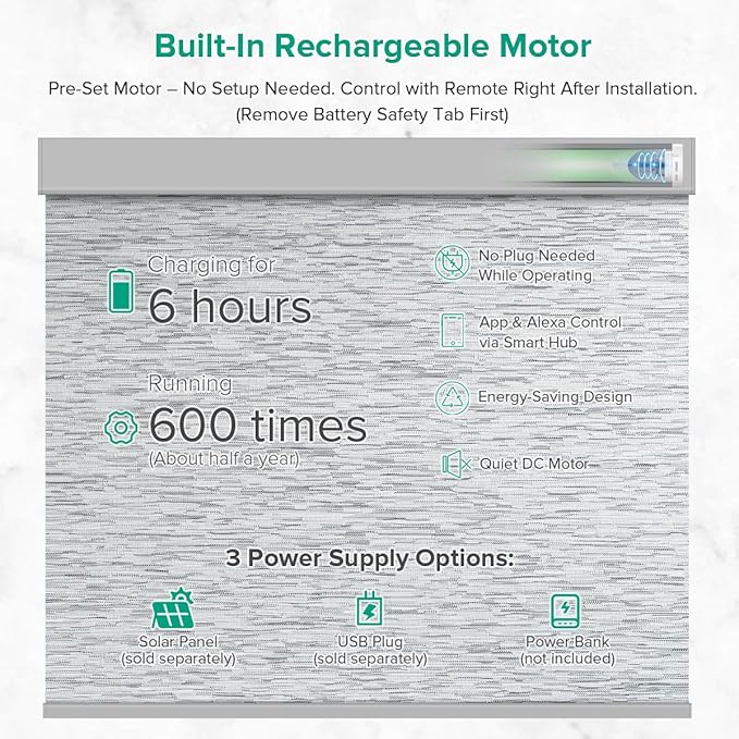 Motorized Roller Shades, Light Filtering Remote Control Custom Window Shades Compatible with Alexa Google Assistant via RF Hub, Rechargeable Electric Blinds for Windows (Texture Grey)