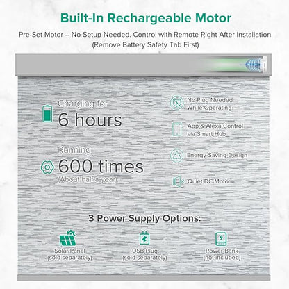 Motorized Roller Shades, Light Filtering Remote Control Custom Window Shades Compatible with Alexa Google Assistant via RF Hub, Rechargeable Electric Blinds for Windows (Texture Grey)