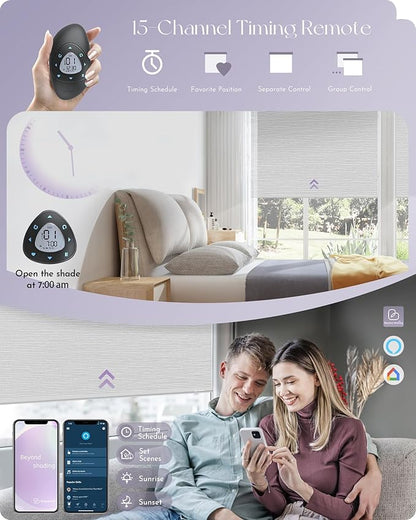 Graywind Smart Blackout Roller Shades for Alexa Google Textured Gleaming Fabric Rechargeable Motorized Blinds Cordless Remote Control Window Shades, Custom Size (Striped Light Grey) (GW-QZYM-TH00)