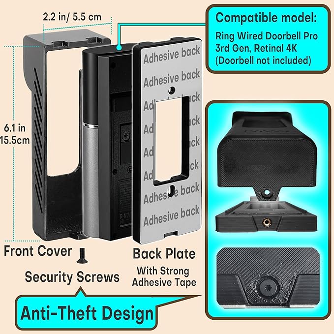 Anti-Theft Angle Adjustable Doorbell Coverd Mount Bracket for Ring Wired Doorbell Pro (Newest Model) 4K 2025 Release, Both Drill & No Drill Aavailable with Security Screws (Covered)