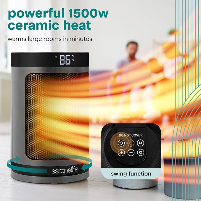 SereneLife Smart Space Heater – 1500W Indoor Electric Heater with Thermostat, Remote Control, 12-Hour Timer, Wi-Fi Enabled PTC Ceramic Heating for Home and Office, Gray (5.9" x 5.9" x 9.5")
