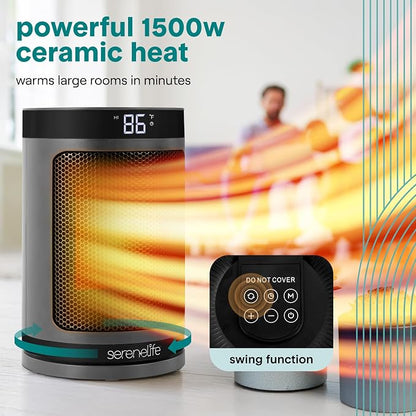 SereneLife Smart Space Heater – 1500W Indoor Electric Heater with Thermostat, Remote Control, 12-Hour Timer, Wi-Fi Enabled PTC Ceramic Heating for Home and Office, Gray (5.9" x 5.9" x 9.5")