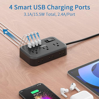 Flat Plug Extension Cord 10 Ft, NTONPOWER 6 Widely Spaced Outlet(2 Side) Power Strip with 4 USB Ports, Overload Protection, Wall Mount Charging Station for Home Office, Nightstand and dorm room, Black