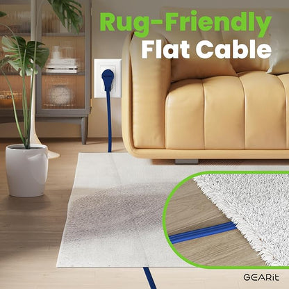 GEARit 20 ft 360° Rotating Flat Plug Extension Cord, 3 Outlet Low Profile Power Cord, 16 AWG 13A 3 Prong Grounded Indoor Cord, ETL Listed, Space-Saving for Furniture, Navy