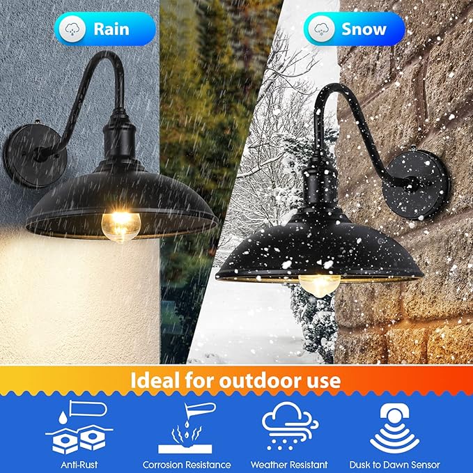 Dusk to Dawn Exterior Farmhouse Lighting Barn Light Fixture for House with Anti-ponding Bottom, Outdoor Barn Light Gooseneck Lighting for Garage Patio Porch (12.5" Diameter, 1 PC)