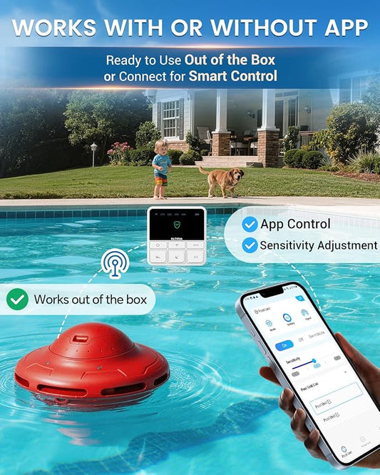 Smart Pool Alarm with App for Inground & Above Ground Pools, Adjustable Sensitivity Water Detection Alarm up to 20x40ft, 85dB+ Safety Alerts for Kids, Pets & Accidental Entry(Red)