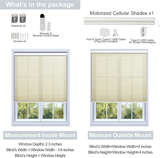 BERISSA Motorized Cellular Shades, Light Filtering Smart Honeycomb Blinds with Remote Control & Hub, Custom Room Darkening Automatic Cellular Window Blinds for Home Office, Living Room, Door,Beige