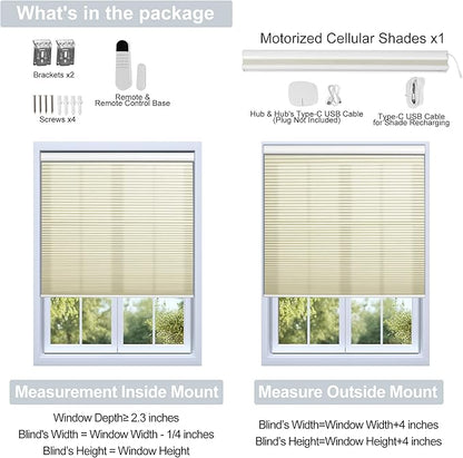 BERISSA Motorized Cellular Shades, Light Filtering Smart Honeycomb Blinds with Remote Control & Hub, Custom Room Darkening Automatic Cellular Window Blinds for Home Office, Living Room, Door,Beige