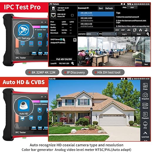 Rsrteng X7-ADHS CCTV Camera Tester 8K 32MP IP Camera Test 7-inch IPS Touch Screen Monitor CCTV Tester with HD TVI/CVI/AHD/SDI/CVBS/Support POE WiFi HD 8GB TF Card