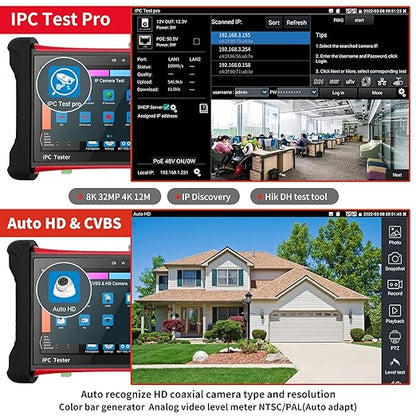 Rsrteng X7-ADHS CCTV Camera Tester 8K 32MP IP Camera Test 7-inch IPS Touch Screen Monitor CCTV Tester with HD TVI/CVI/AHD/SDI/CVBS/Support POE WiFi HD 8GB TF Card
