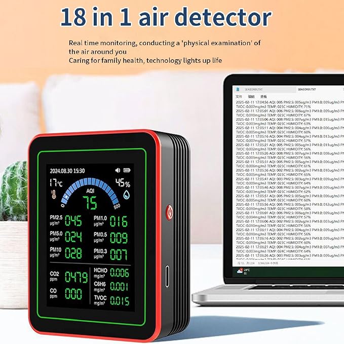 18 in 1 Air Quality Meter, CO2 HCHO TVOC PM2.5 Indoor Temp Detect Tester with Data Storage for Home Indoor Air Quality measurement
