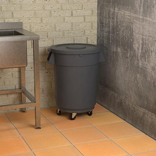 32 Gallon Gray Round Commercial Trash Can with Lid and Dolly, Heavy-Duty Food Grade NSF Certified, Perfect for Restaurant, Office, School, Garage, Backyard, Workshop, Warehouse