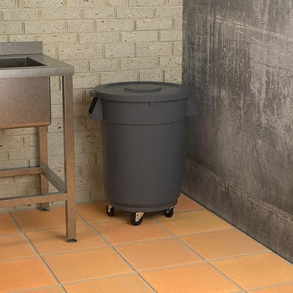 32 Gallon Gray Round Commercial Trash Can with Lid and Dolly, Heavy-Duty Food Grade NSF Certified, Perfect for Restaurant, Office, School, Garage, Backyard, Workshop, Warehouse