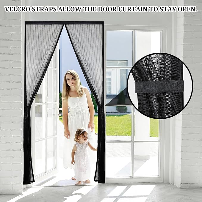 Magnetic Screen Door - Self Sealing, Heavy Duty, Hands Free Mesh Partition Keeps Bugs Out Let Breeze in- Pet and Kid Friendly - Keep Open Feature (Black, Fit Door Size 34 x 78 Inch)