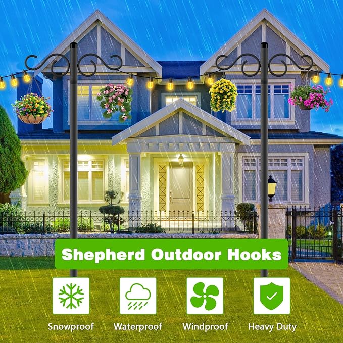 RCUICA Double Shepherds Hooks for Outdoor,2 Pack 110Inch Bird Feeder Pole with 5 Prongs Base,Heavy Duty Shepherds Hook,Suitable for Garden in Hanging Flower Basket,Lantern,Bird Nests (110 inch)