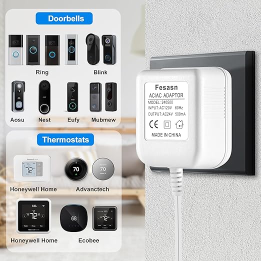 24V AC Power Supply, C Wire Adapter for Smart Thermostat, Fits for Nest Hello August Ring Door Bell and Ecobee Nest Honeywell Smart WiFi Thermostat (with 26.2 Foot White Door Bell Wire)