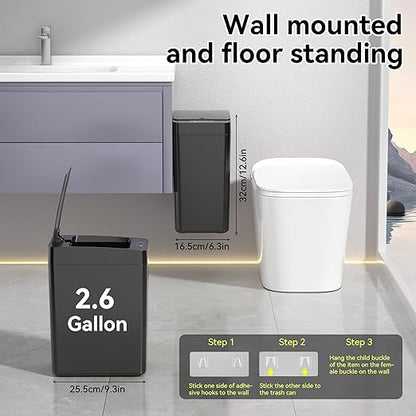 kaylowe Automatic Bathroom Trash Can Touchless 2.6 Gallon Garbage Cans with Lid Small Slim Motion Sensor Smart Trash Bin for Kitchen, Bedroom, Office, Living Room, Black