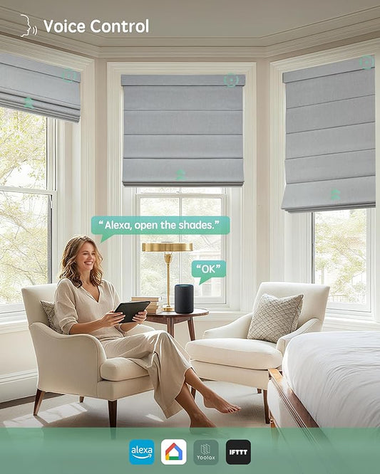 Yoolax Motorized Roman Shades with Remote, Smart Roman Shades for Indoor Windows, Blackout Automatic Blinds Work with Alexa, Google, Apple Homekit for Living Room Bedroom, Customized (Foggy White)