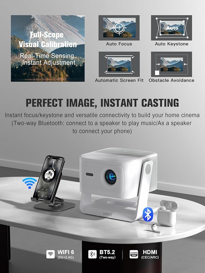 【Official Licensed Google TV】4K Smart Projector with WiFi and Bluetooth, VOPLLS Outdoor Projectors with Dolby/Auto Focus, Portable Movie Phone Wireless Gaming Wifi Proyector for Bedroom/Home/Ceiling