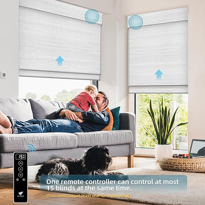 SmartWings Motorized Wood Blinds for Windows, Smart Wooven Shades Blackout/Light fitlering with Remote for Sliding Doors, Work with Matter Homekit Zigbee Alexa Z-Wave Google, Customized, Bamboo 702