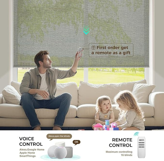 HeyBlinds Motorized Blinds with Remote, Smart Roller Shades with App & Voice Control, Work with Alexa Google HomeKit, Light Filtering Custom Shades for Living Room Office (Sunbeam-Olive Green LF)