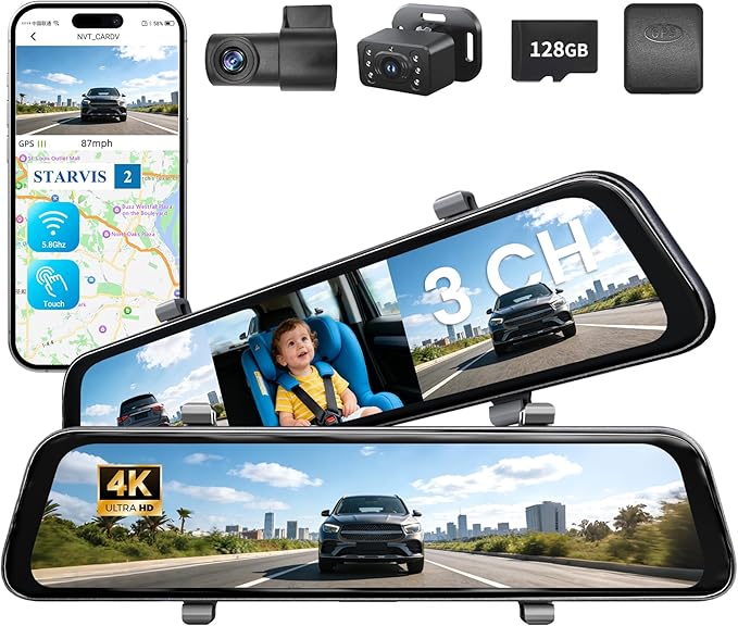 2026 12'' 4K Rear View Mirror Camera with STARVIS 2 Sensor,4K+2.5K Front and Rear Mirror Dash Cam+1080P Inside Car Camera for Baby,WiFi,GPS,APP,Free 128G SD Card,Dash Camera for Cars Safety