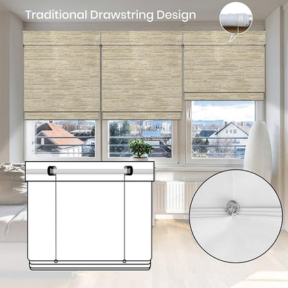 Motorized Roman Shades, Woven Woods Shades, Work with HomeKit/Alexa/Google Home, Cordless, Custom Size, Crocheting Kenaf