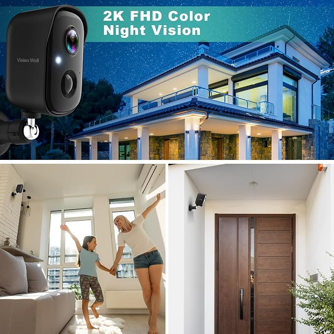 Security Cameras Wireless Outdoor, 2K Indoor Cameras for Home Security Battery Powered, AI Motion Detection, Color Night Vision, 2-Way Talk, Spotlight Siren Alarm, Cloud & SD Storage-Jet Black 2 Pack