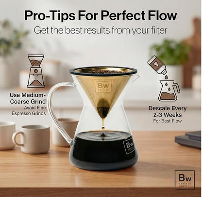 Barista Warrior Reusable Coffee Filter - Stainless Steel Pour Over Dripper, Compatible for Chemex, Hario V60 & Drippers, Easy to Clean Flavorful Brew Fine Mesh Coffee Filter - Gold