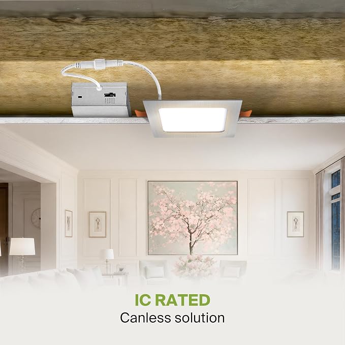 ASD 12 Pack LED Square Recessed Lighting 4 Inch, 5 CCT 2700K-5000K, 12W 50W Eqv Ultra Thin Dimmable Ceiling Lights with J Box, Canless Wafer Downlight, Slim Panel Light, UL Energy Star, Brushed Nickel
