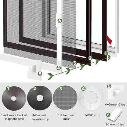 HOFUDON Window Screen Adjustable Magnetic Window Screen Replacement Max 23” x 34”, DIY Fiberglass Mesh Window Screens for House Windows White Frame Grey Mesh