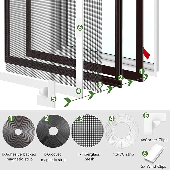 HOFUDON Window Screen Adjustable Magnetic Window Screen Replacement Max 47” x 51”, DIY Fiberglass Mesh Window Screens for House Windows White Frame Grey Mesh