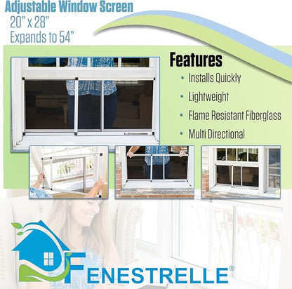 Fenestrelle Expandable Window Screen – 20″ H × 28″–54″ W Horizontal, 2‑Way Adjustable Window Screen with Flame Resistant Fiberglass Mesh, Pack of 2