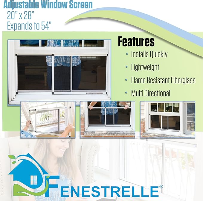 Fenestrelle Expandable Window Screen – 20″ H × 28″–54″ W Horizontal, 2‑Way Adjustable Window Screen with Flame Resistant Fiberglass Mesh, Pack of 10