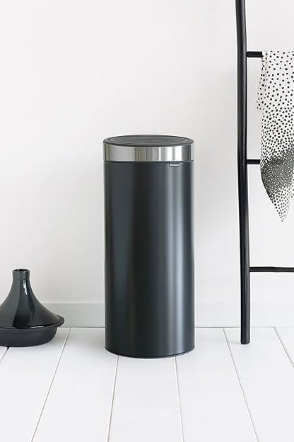 Brabantia Press-Top Kitchen Trash Can | Steel/Black | 8 Gallon / 30L | Home Trash Can with Soft-Touch Stay-Open Lid & Removable Inner Bucket | + Trash Bags