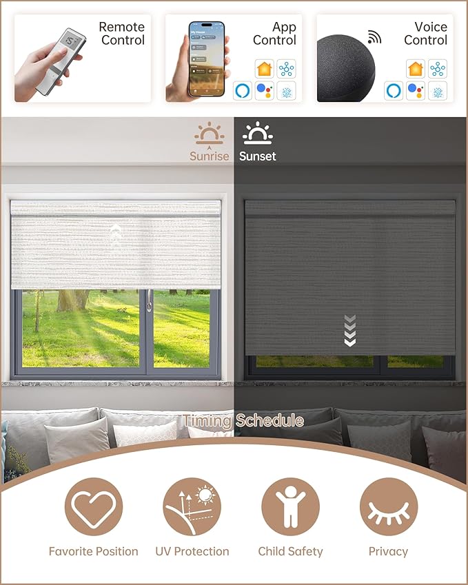 Kincmo Motorized Blinds with Remote, Light Filtering Roller Shades Work with Apple Homekit,Alexa,Google Home, Custom Electric Blinds with App,Voice Control (75% Blackout Aqua Waves Beige)