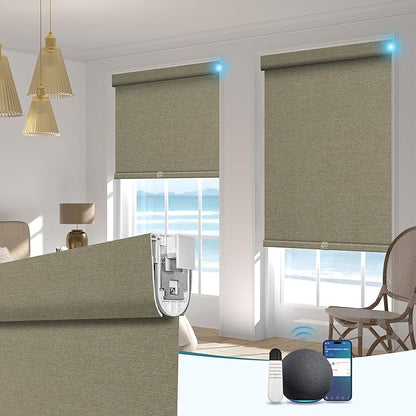BERISSA Smart Motorized Blinds with Remote,No Drill Automatic Roller Blinds for Indoor Windows,Blackout Linen Fabric,Electric Shades for Windows Home Office,Brown,Custom Size