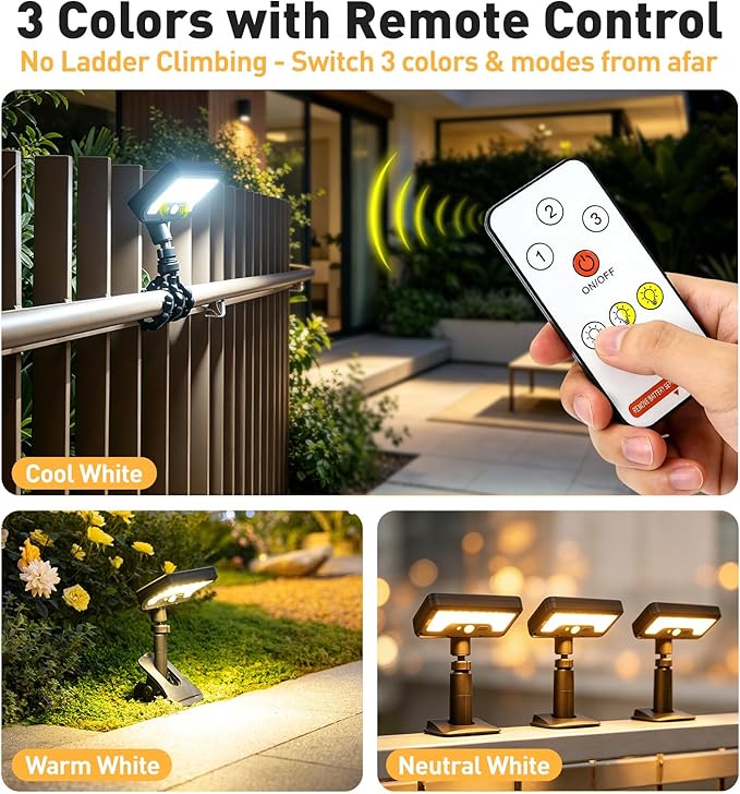2 Pack Clip On Solar Lights Outdoor with Octopus Tripod, 92 LEDs 3 Color Temps & Remote Control, Motion Sensor Fence Lights Solar Powered, IP65 Waterproof Security Light for Deck, Gutter, Camping