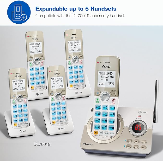AT&T 4-Handset DECT 6.0 Expandable Cordless Home Phone with Large Display, Big Buttons, Answering Machine, Smart Call Blocker, Bluetooth Connect to Cell, Long Range, Caller ID, Speakerphone: DL72419