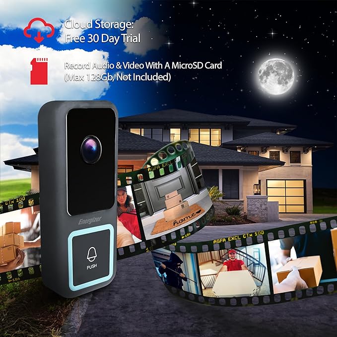 Energizer Smart Doorbell & Chime, Wired 1080p Video Doorbell Security Camera, 2-Way Audio, Night Vision, Cloud & Card Storage, Works with Alexa & Google Home, Motion Sensor, Requires Existing Wires
