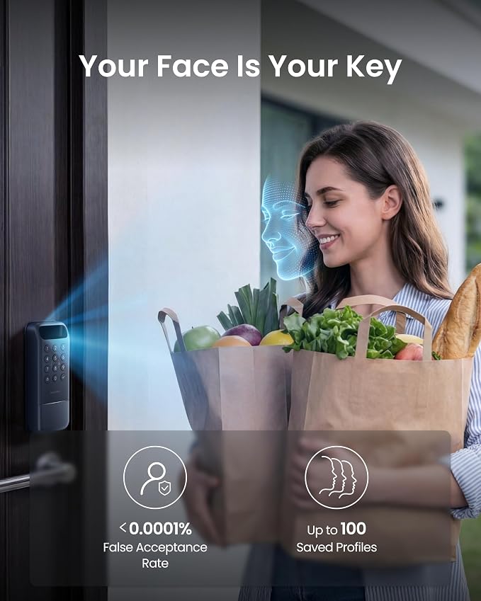SwitchBot Lock Vision, 3D Face Recognition Smart Lock, Hands-Free Keyless Entry Deadbolt, DualPower 12-Month Battery, WiFi No Hub Required, Matter Over WiFi, Works with Apple Home, Alexa, Google