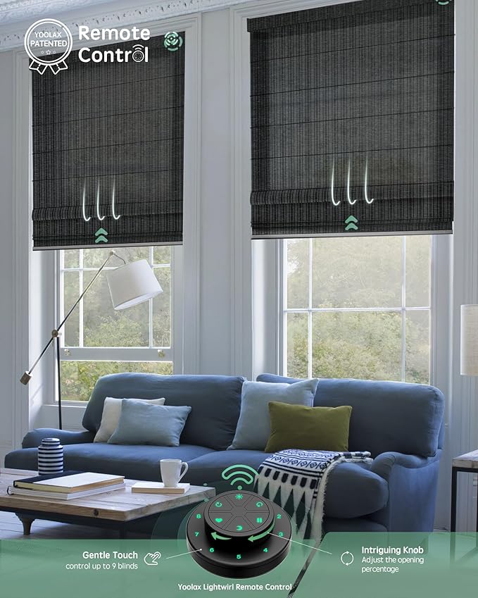 Yoolax Motorized Roman Shades with Remote, Smart Roman Shades for Windows, Semi Sheer Automatic Blinds Work with Alexa, Google Home, Apple Homekit for Living Room, Dining Room, Customized (Black)