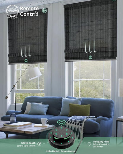 Yoolax Motorized Roman Shades with Remote, Smart Roman Shades for Windows, Semi Sheer Automatic Blinds Work with Alexa, Google Home, Apple Homekit for Living Room, Dining Room, Customized (Black)