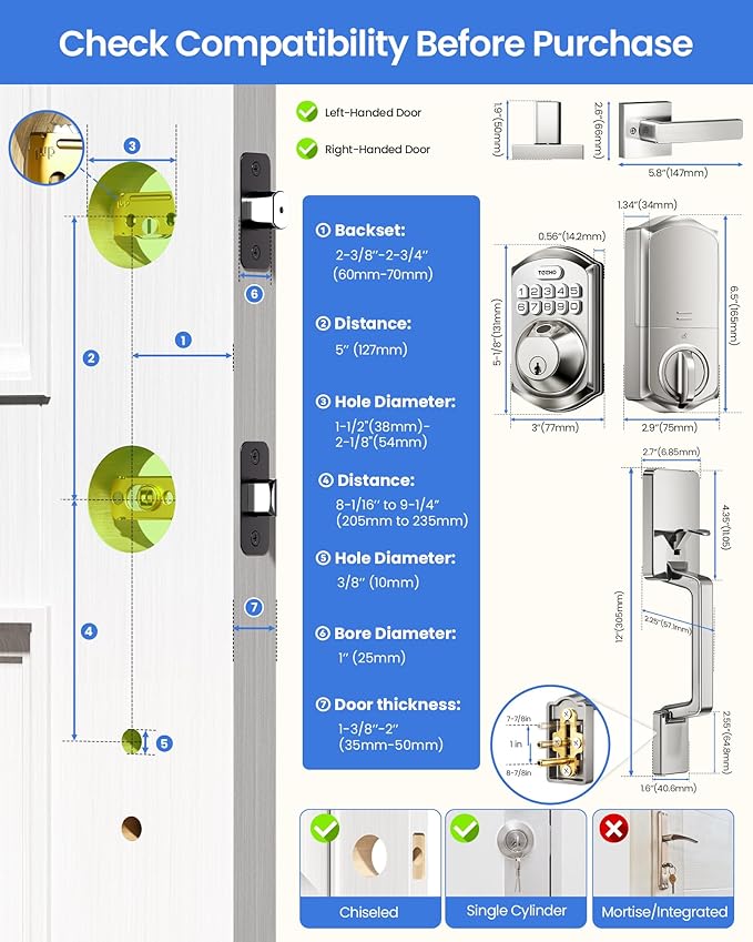 TEEHO TE012W-H WiFi Keypad Door Lock with Handle Set, Fingerprint Smart Locks, Front Door Keyless Entry, APP Remote & Voice Control, Digital Deadbolt with 2 Keys, Auto-Lock, Easy Install, Satin Nickel